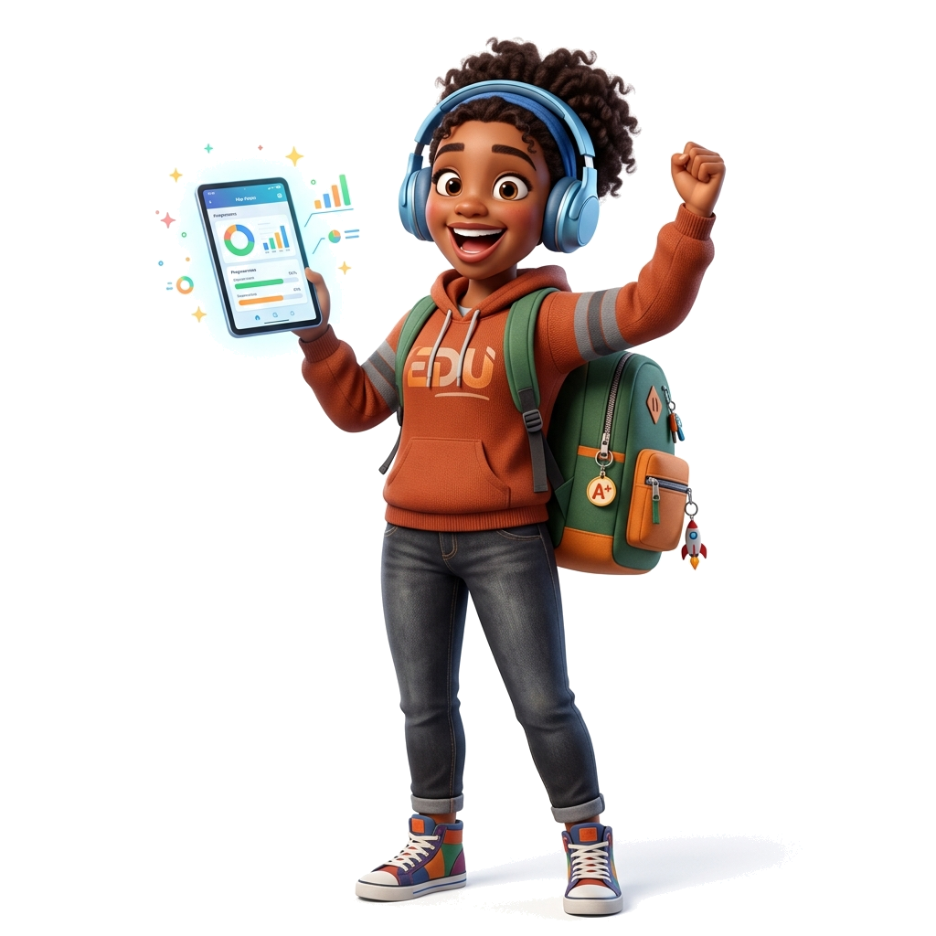 Excited 3D student holding tablet